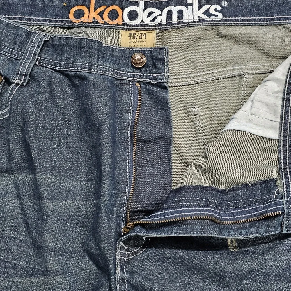 Akademiks Men's Size 46x34 Baggy Loose Fit Distressed Blue Denim Jeans Y2K